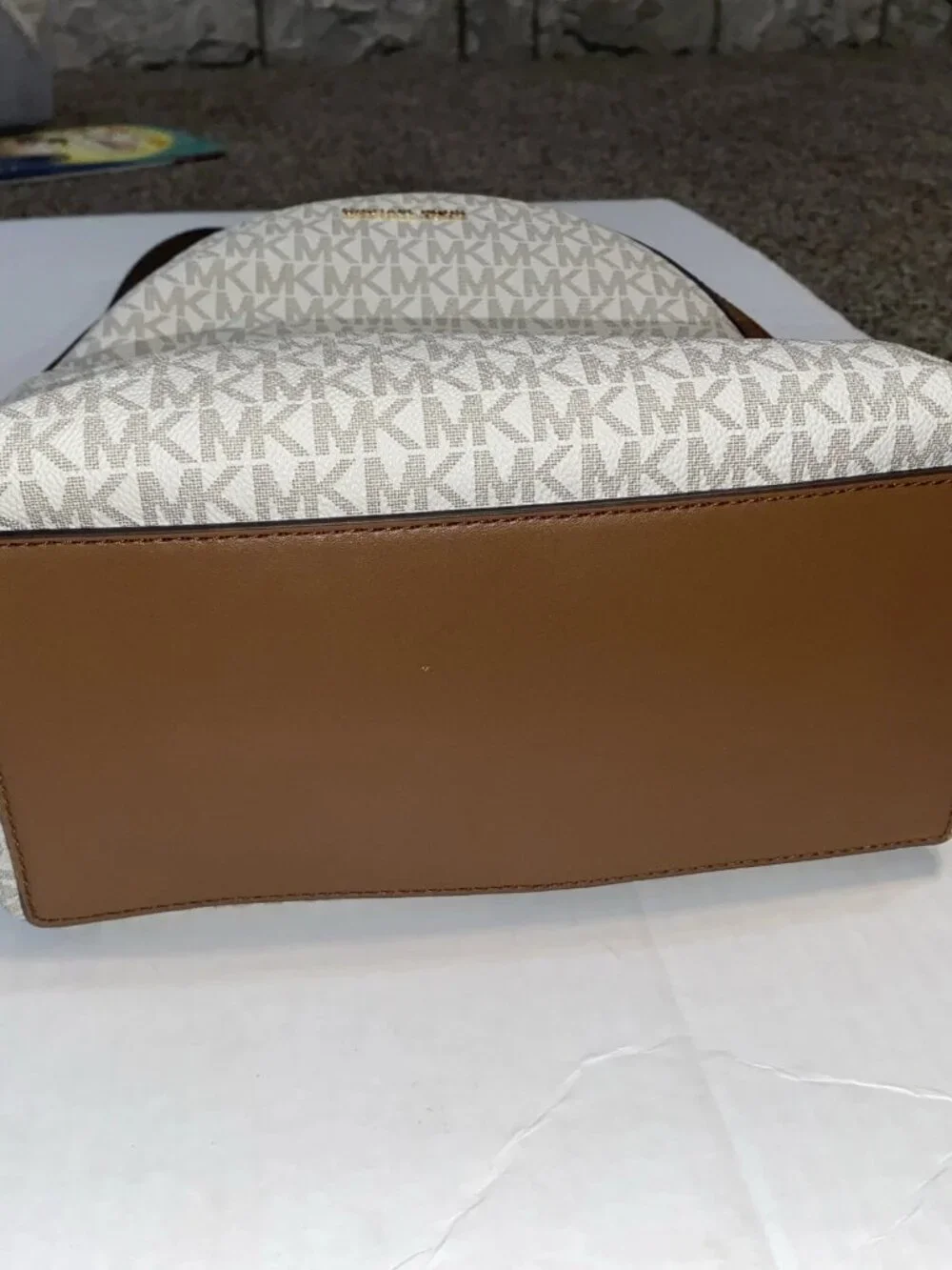 Michael Kors Beige/Brown MK Monogram Logo Backpack Zip Gold Hardware NWT
